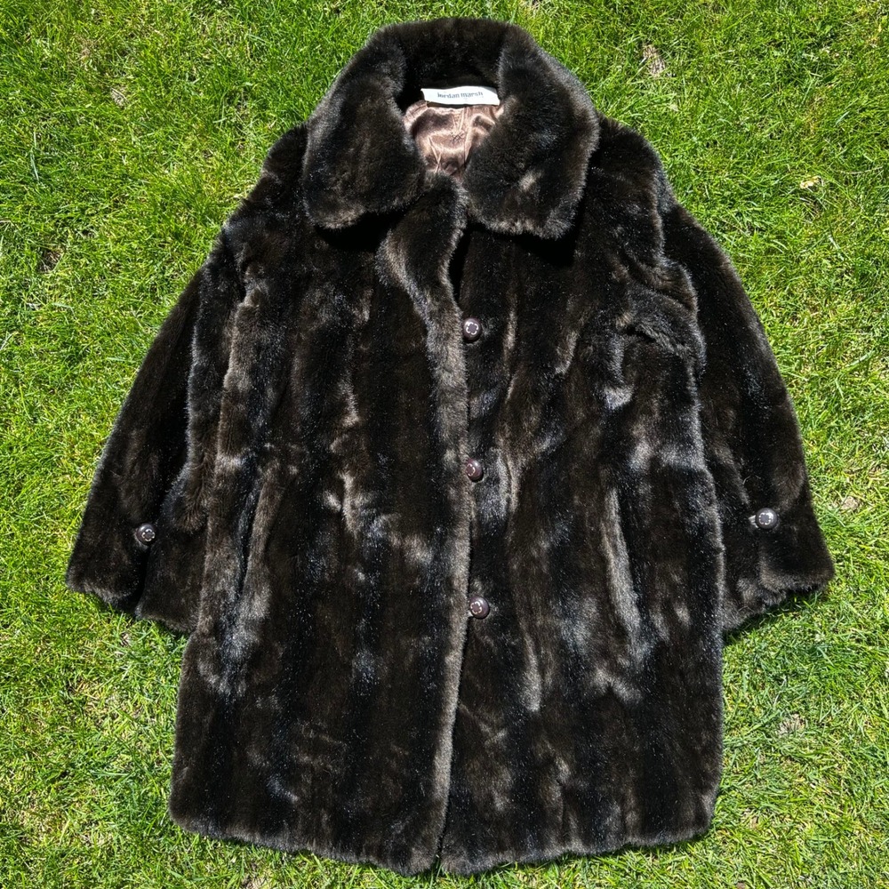 Vintage Jordan Marsh Sportowne Glandella Faux Fur Coat Brown Union Made Size 16